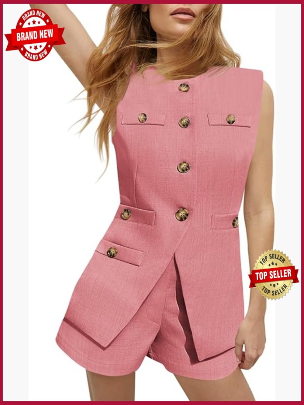 2 Piece Suit Set - Sleeveless Blazer Vest with Shorts